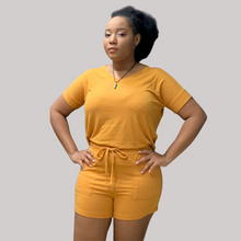Load image into Gallery viewer, Drop Shoulder Top and Drawstring Shorts Set - Golden Mustard