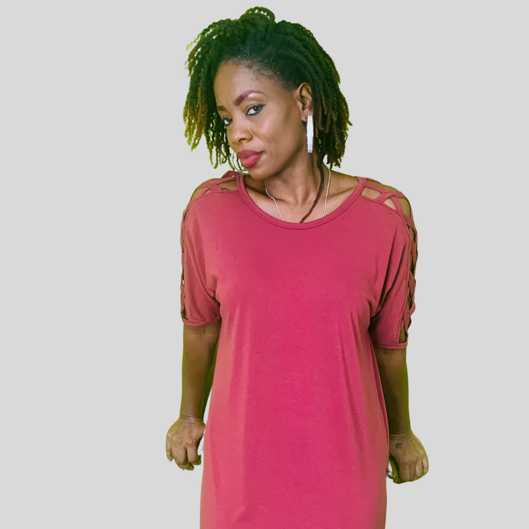 Lattice Sleeve Top - Brick Red
