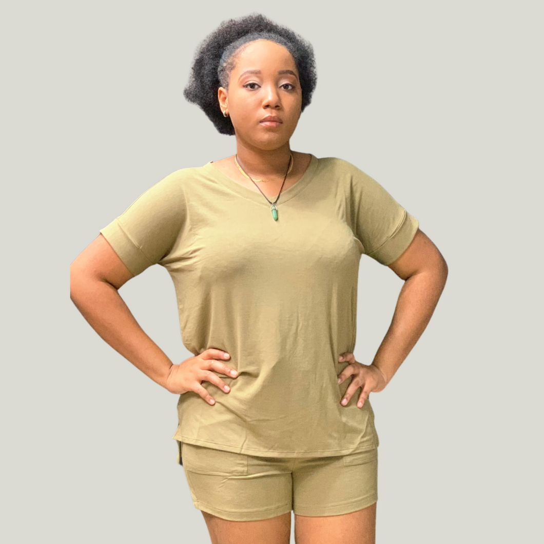 Drop Shoulder Top and Drawstring Shorts Set - Khaki