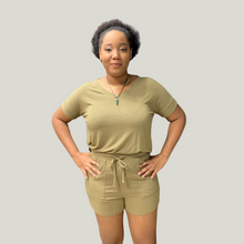 Load image into Gallery viewer, Drop Shoulder Top and Drawstring Shorts Set - Khaki