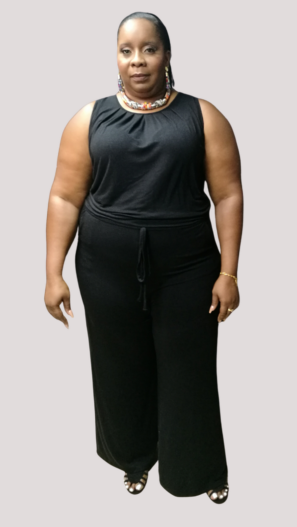 Round Neck Drawstring Jumpsuit - Black