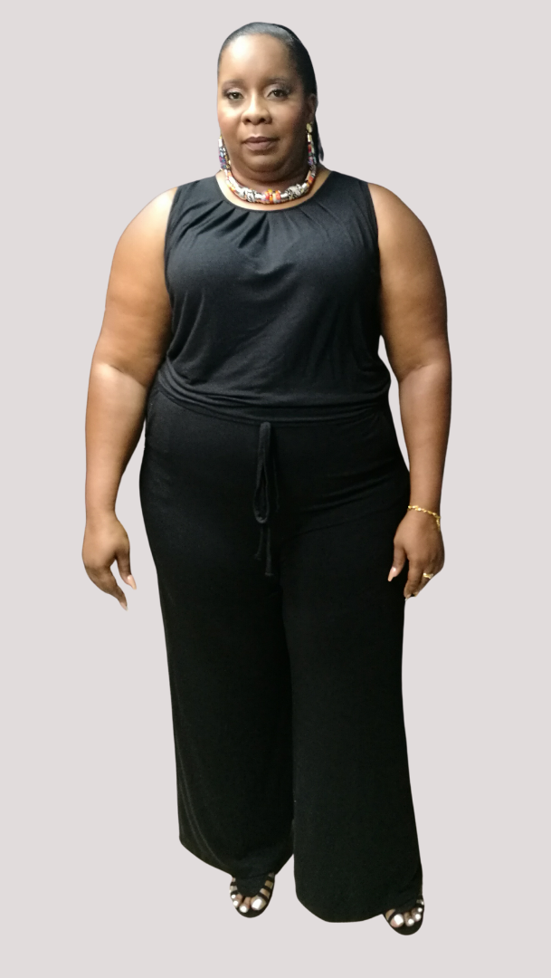 Round Neck Drawstring Jumpsuit - Black