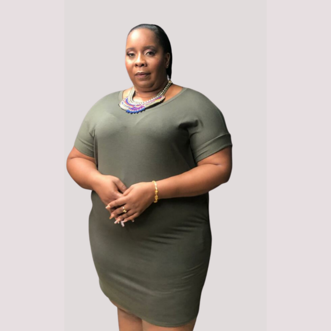 Plus V-Neck T-Shirt Dress - Olive Green