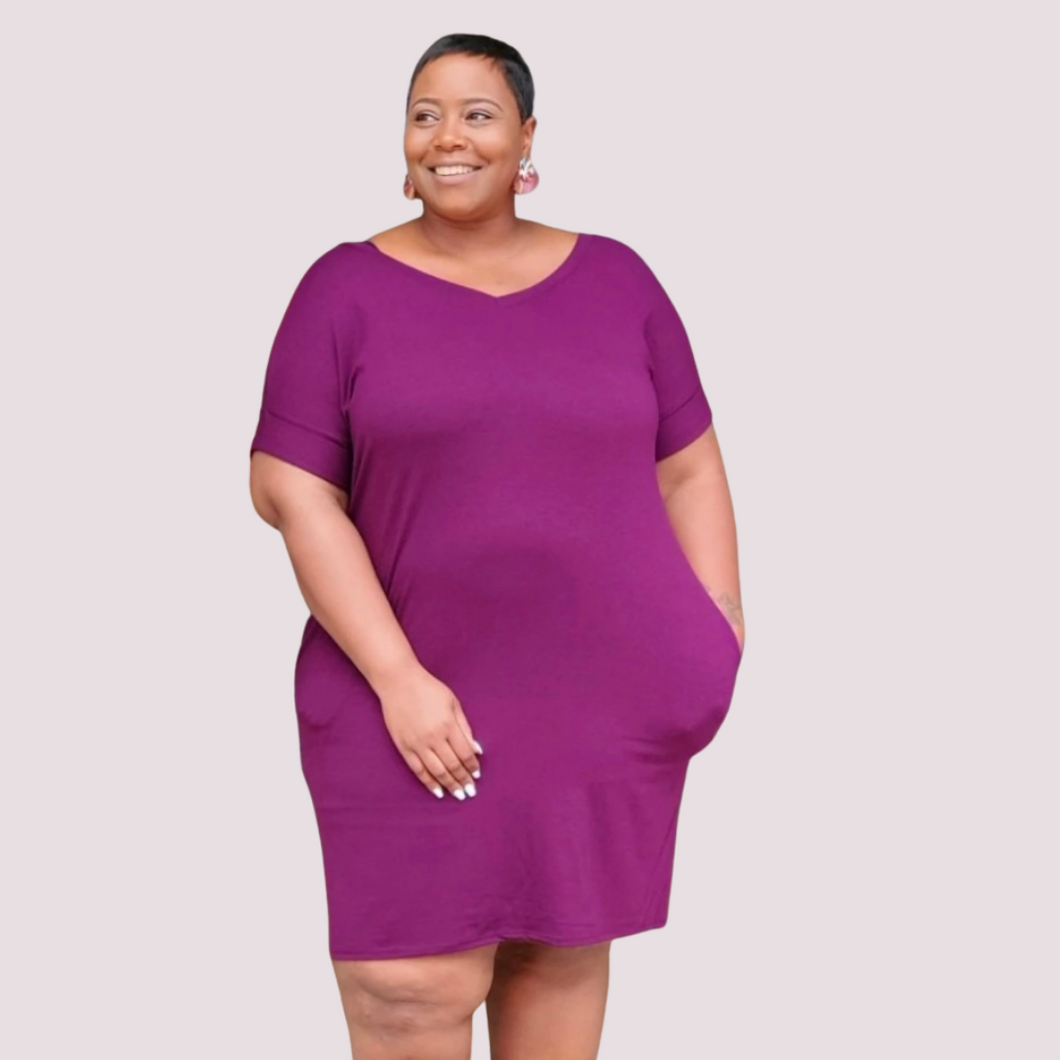 Plus V-Neck T-Shirt Dress - Plum