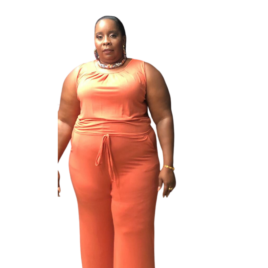 Round Neck Drawstring Jumpsuit - Coral